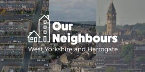 Our Neighbours logo overlaid over photo of Yorkshire cityscape