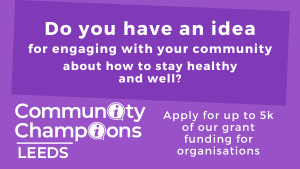 purple background with white text saying do you have an idea for engaging with your community about how to stay healthy and well
